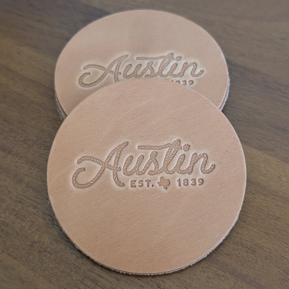Made in USA Genuine Leather Coaster Set (4) – “Austin Est. 1839” – Tan
